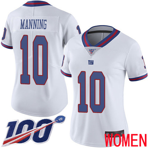 Women New York Giants 10 Eli Manning Limited White Rush Vapor Untouchable 100th Season Football NFL Jersey